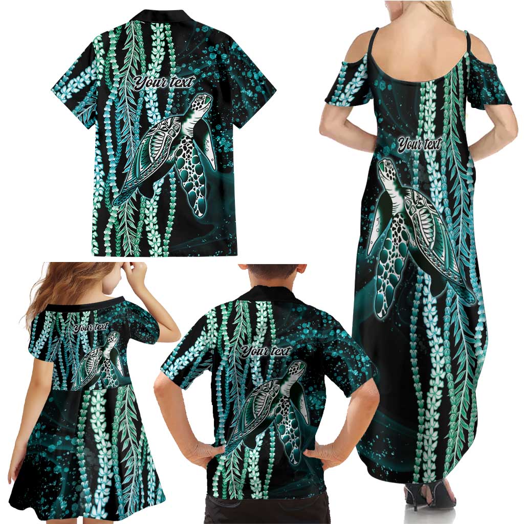 Hawaiian Honu Personalized Family Matching Summer Maxi Dress and Hawaiian Shirt Dark Cyan Maile Pikake Flower Lei Inspired