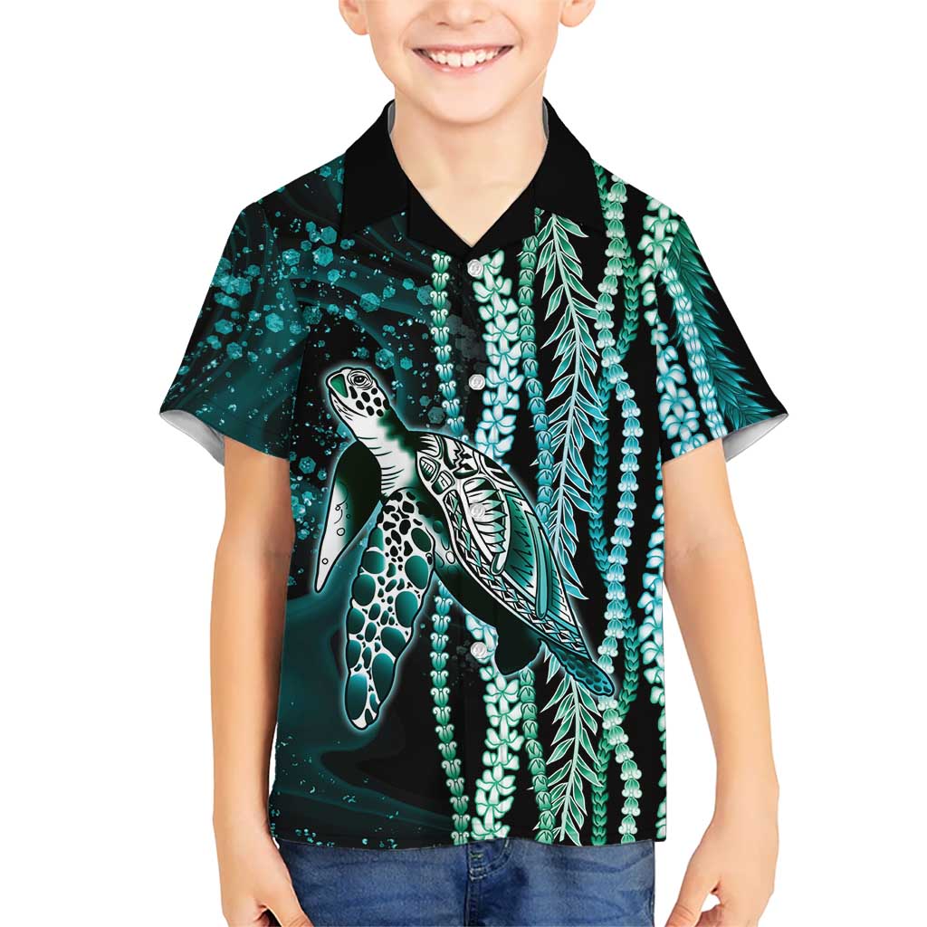 Hawaiian Honu Personalized Family Matching Summer Maxi Dress and Hawaiian Shirt Dark Cyan Maile Pikake Flower Lei Inspired