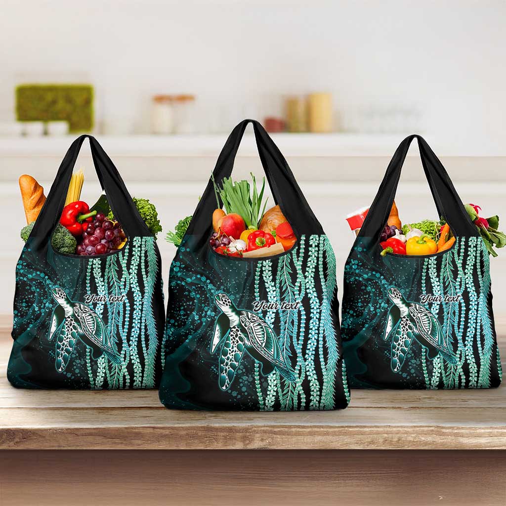 Hawaiian Honu Personalized Grocery Bag Dark Cyan Maile Pikake Flower Lei Inspired