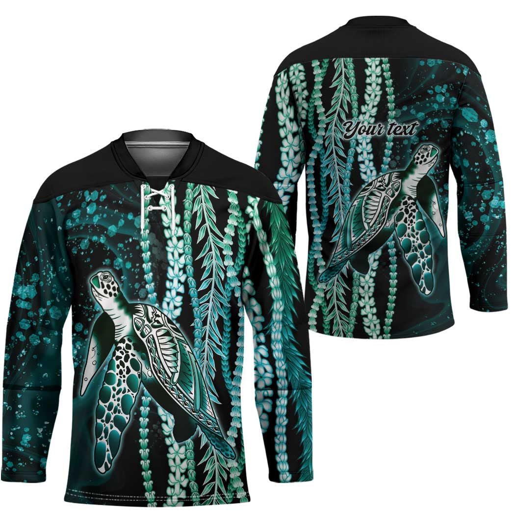 Hawaiian Honu Personalized Hockey Jersey Dark Cyan Maile Pikake Flower Lei Inspired