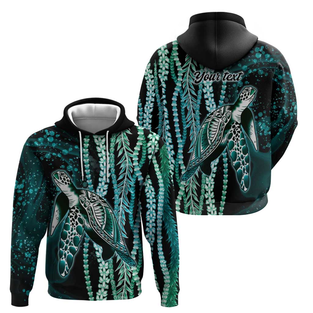 Hawaiian Honu Personalized Hoodie Dark Cyan Maile Pikake Flower Lei Inspired