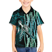 Hawaiian Honu Personalized Kid Hawaiian Shirt Dark Cyan Maile Pikake Flower Lei Inspired