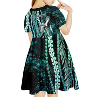 Hawaiian Honu Personalized Kid Short Sleeve Dress Dark Cyan Maile Pikake Flower Lei Inspired