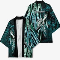 Hawaiian Honu Personalized Kimono Dark Cyan Maile Pikake Flower Lei Inspired