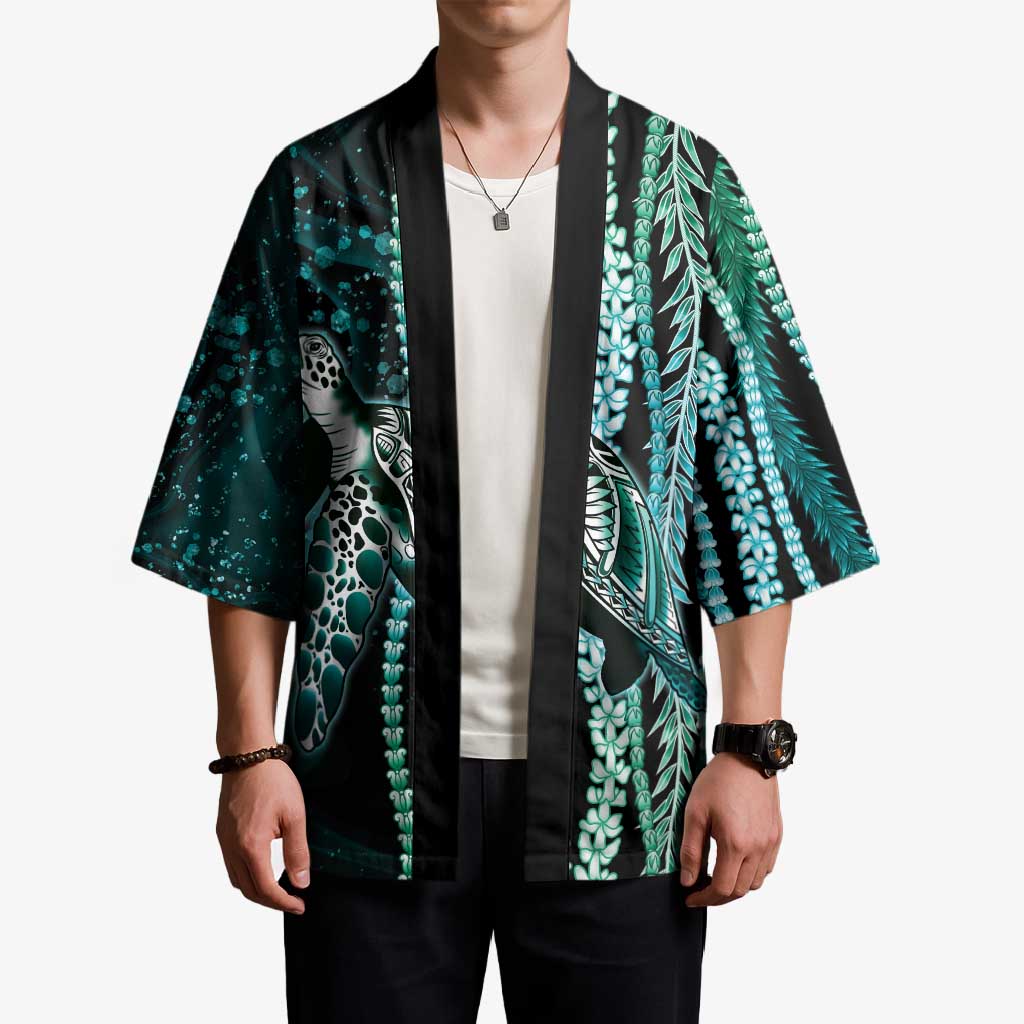 Hawaiian Honu Personalized Kimono Dark Cyan Maile Pikake Flower Lei Inspired
