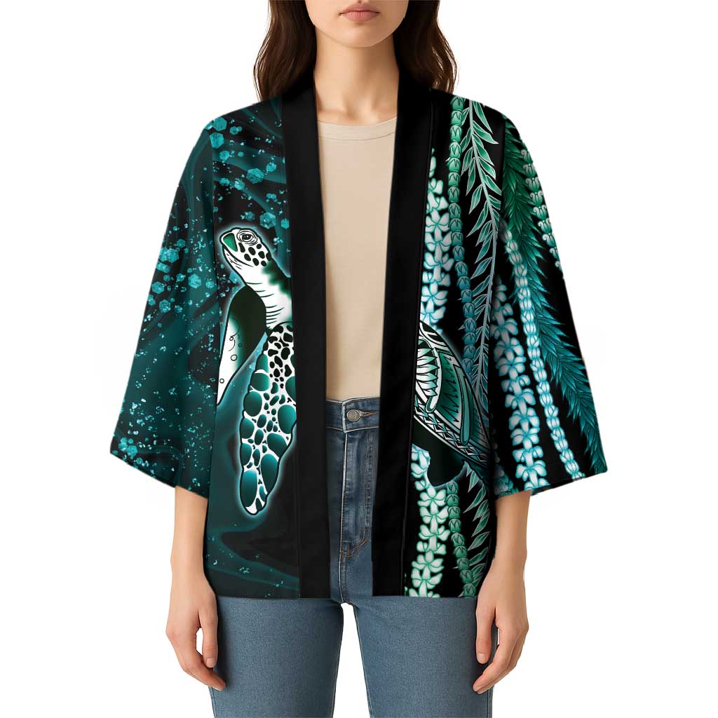 Hawaiian Honu Personalized Kimono Dark Cyan Maile Pikake Flower Lei Inspired