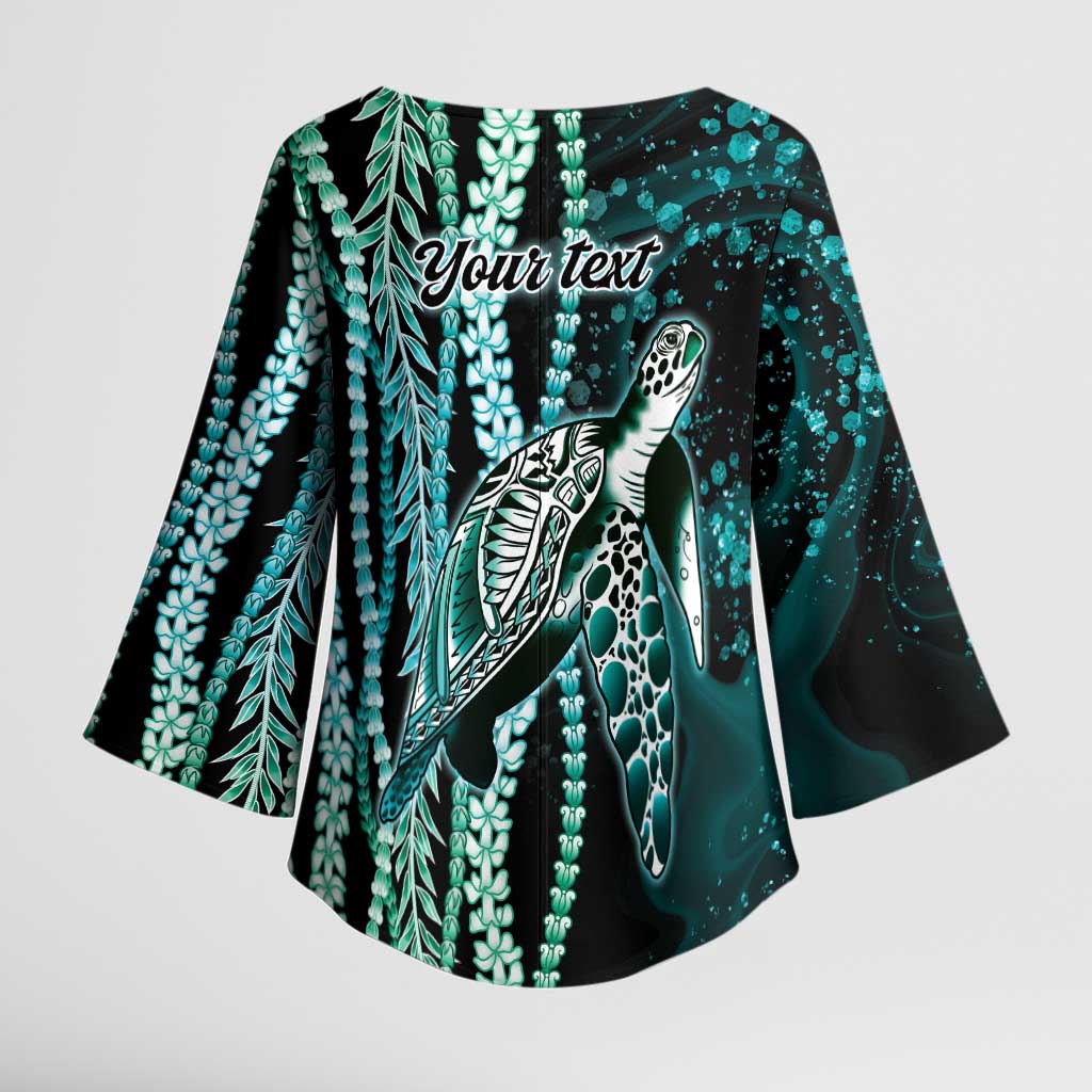 Hawaiian Honu Personalized Kimono Sleeve Blouse Dark Cyan Maile Pikake Flower Lei Inspired