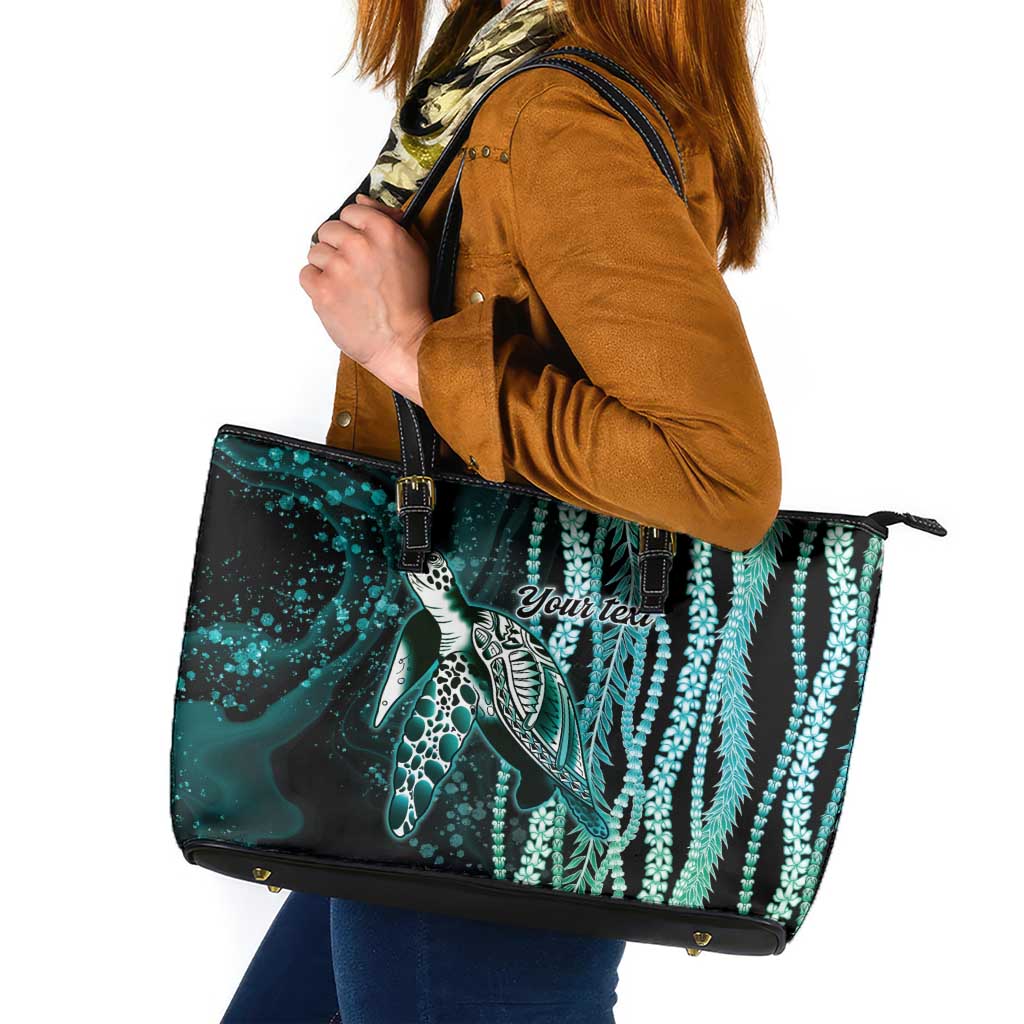 Hawaiian Honu Personalized Leather Tote Bag Dark Cyan Maile Pikake Flower Lei Inspired LT9 Cyan - Polynesian Pride
