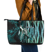 Hawaiian Honu Personalized Leather Tote Bag Dark Cyan Maile Pikake Flower Lei Inspired