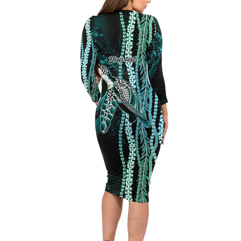 Hawaiian Honu Personalized Long Sleeve Bodycon Dress Dark Cyan Maile Pikake Flower Lei Inspired LT9 - Polynesian Pride