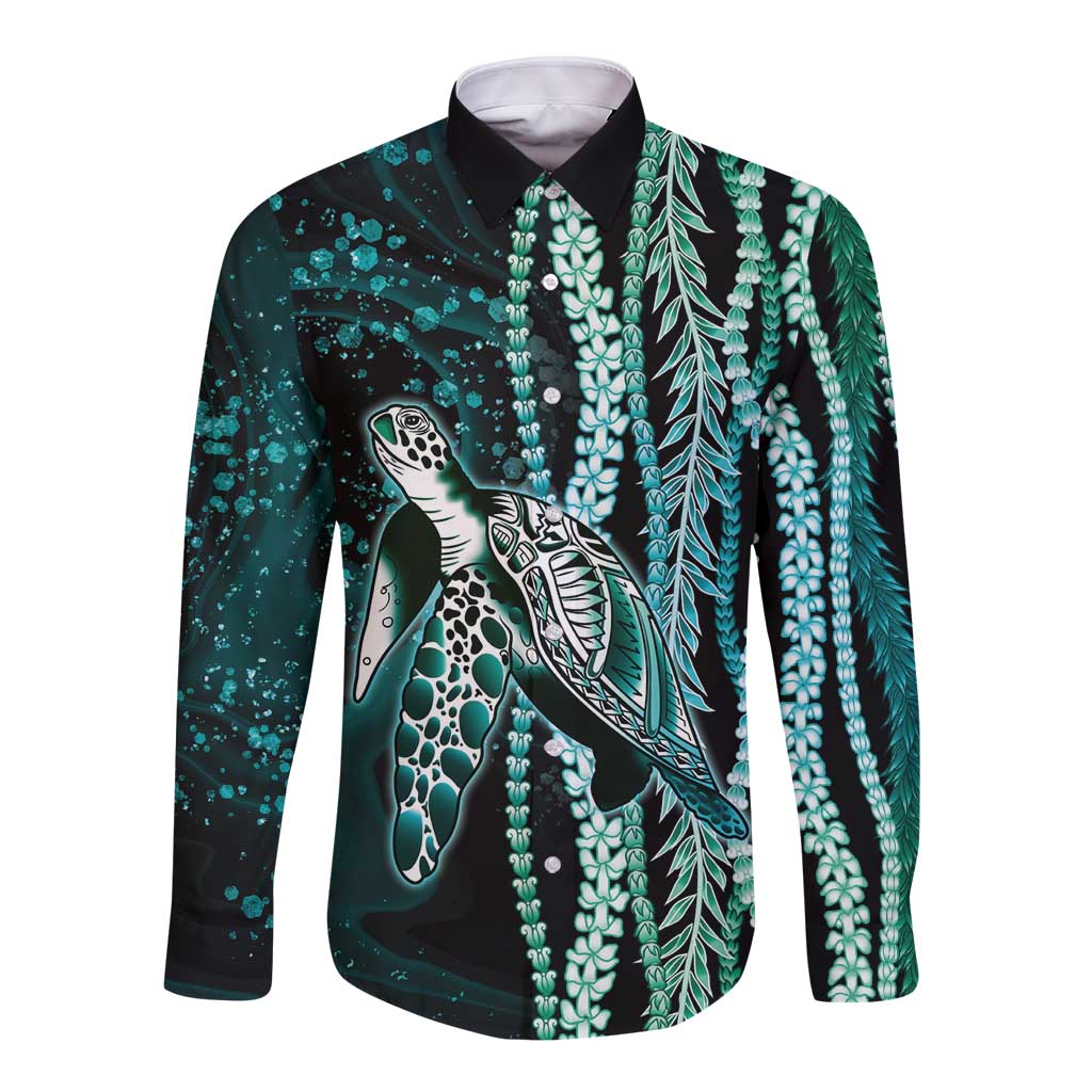 Hawaiian Honu Personalized Long Sleeve Button Shirt Dark Cyan Maile Pikake Flower Lei Inspired