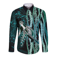 Hawaiian Honu Personalized Long Sleeve Button Shirt Dark Cyan Maile Pikake Flower Lei Inspired