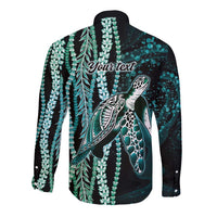 Hawaiian Honu Personalized Long Sleeve Button Shirt Dark Cyan Maile Pikake Flower Lei Inspired