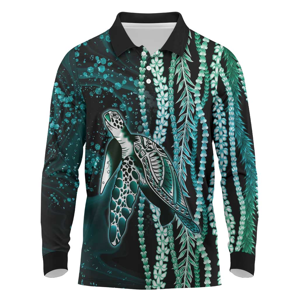 Hawaiian Honu Personalized Long Sleeve Polo Shirt Dark Cyan Maile Pikake Flower Lei Inspired