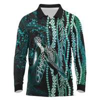 Hawaiian Honu Personalized Long Sleeve Polo Shirt Dark Cyan Maile Pikake Flower Lei Inspired