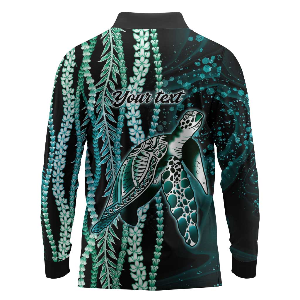 Hawaiian Honu Personalized Long Sleeve Polo Shirt Dark Cyan Maile Pikake Flower Lei Inspired