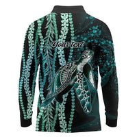 Hawaiian Honu Personalized Long Sleeve Polo Shirt Dark Cyan Maile Pikake Flower Lei Inspired