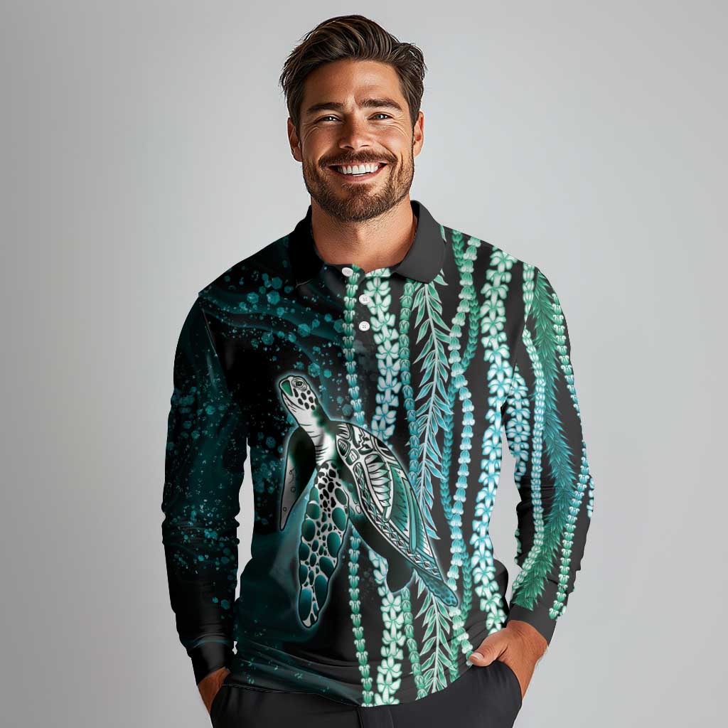 Hawaiian Honu Personalized Long Sleeve Polo Shirt Dark Cyan Maile Pikake Flower Lei Inspired