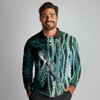 Hawaiian Honu Personalized Long Sleeve Polo Shirt Dark Cyan Maile Pikake Flower Lei Inspired