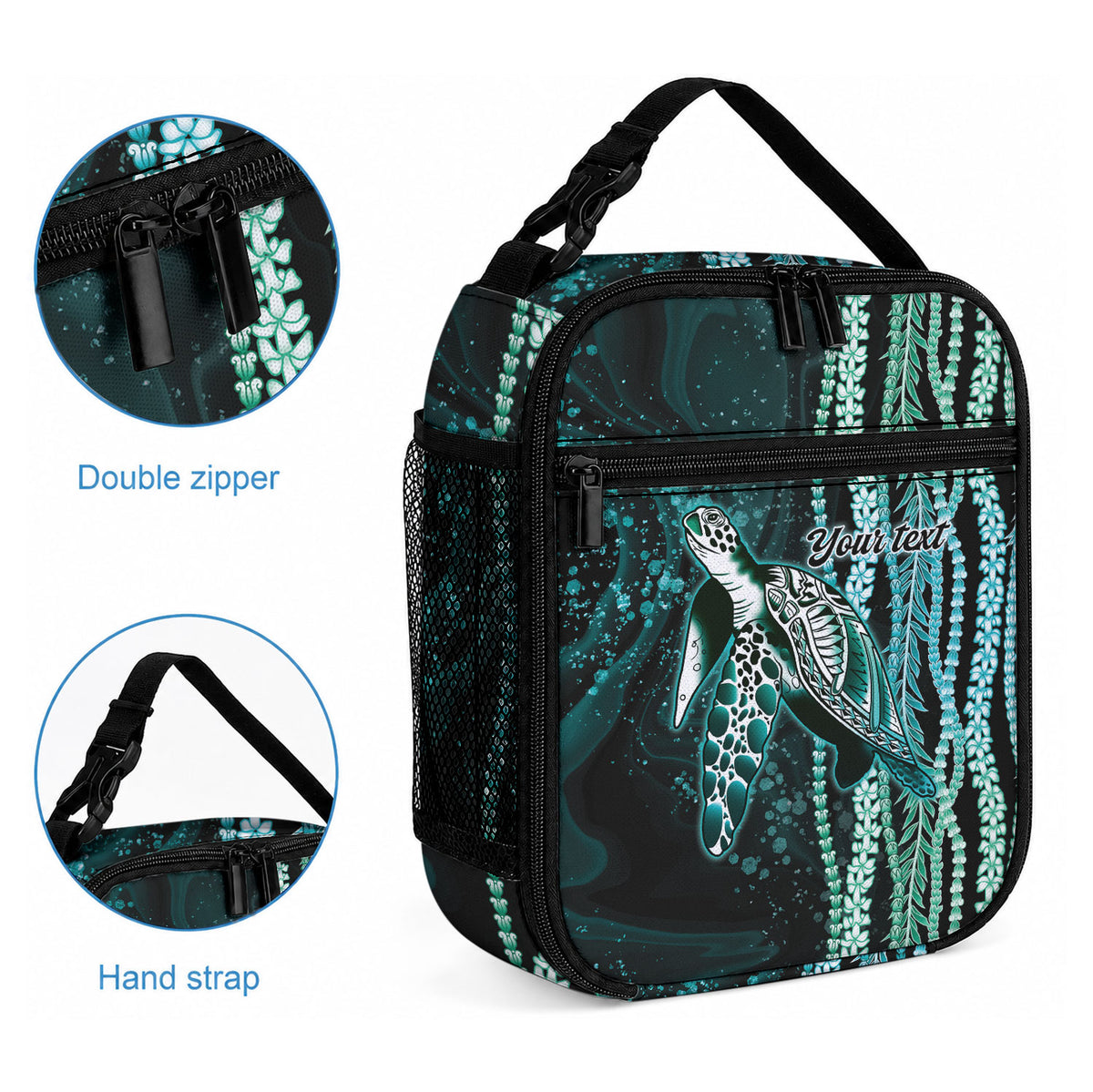 Hawaiian Honu Personalized Lunch Bag Dark Cyan Maile Pikake Flower Lei Inspired LT9 - Polynesian Pride