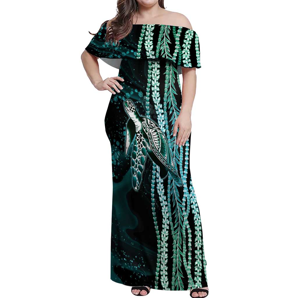 Hawaiian Honu Personalized Off Shoulder Maxi Dress Dark Cyan Maile Pikake Flower Lei Inspired LT9 Women Cyan - Polynesian Pride