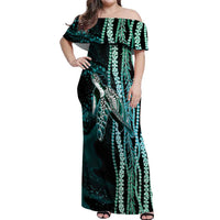 Hawaiian Honu Personalized Off Shoulder Maxi Dress Dark Cyan Maile Pikake Flower Lei Inspired LT9 Women Cyan - Polynesian Pride
