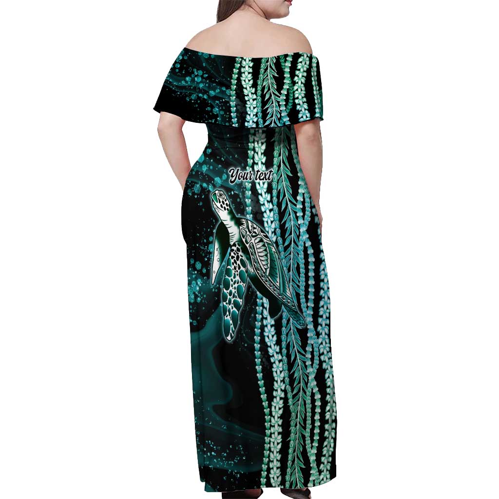 Hawaiian Honu Personalized Off Shoulder Maxi Dress Dark Cyan Maile Pikake Flower Lei Inspired LT9 - Polynesian Pride