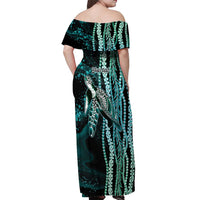 Hawaiian Honu Personalized Off Shoulder Maxi Dress Dark Cyan Maile Pikake Flower Lei Inspired LT9 - Polynesian Pride