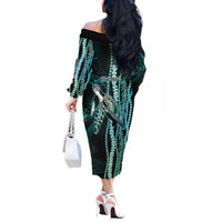 Hawaiian Honu Personalized Off The Shoulder Long Sleeve Dress Dark Cyan Maile Pikake Flower Lei Inspired LT9 - Polynesian Pride