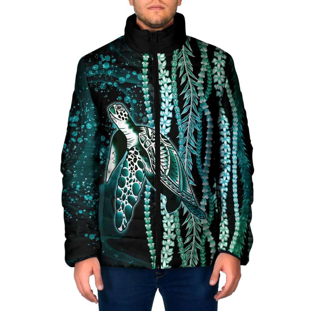 Hawaiian Honu Personalized Padded Jacket Dark Cyan Maile Pikake Flower Lei Inspired
