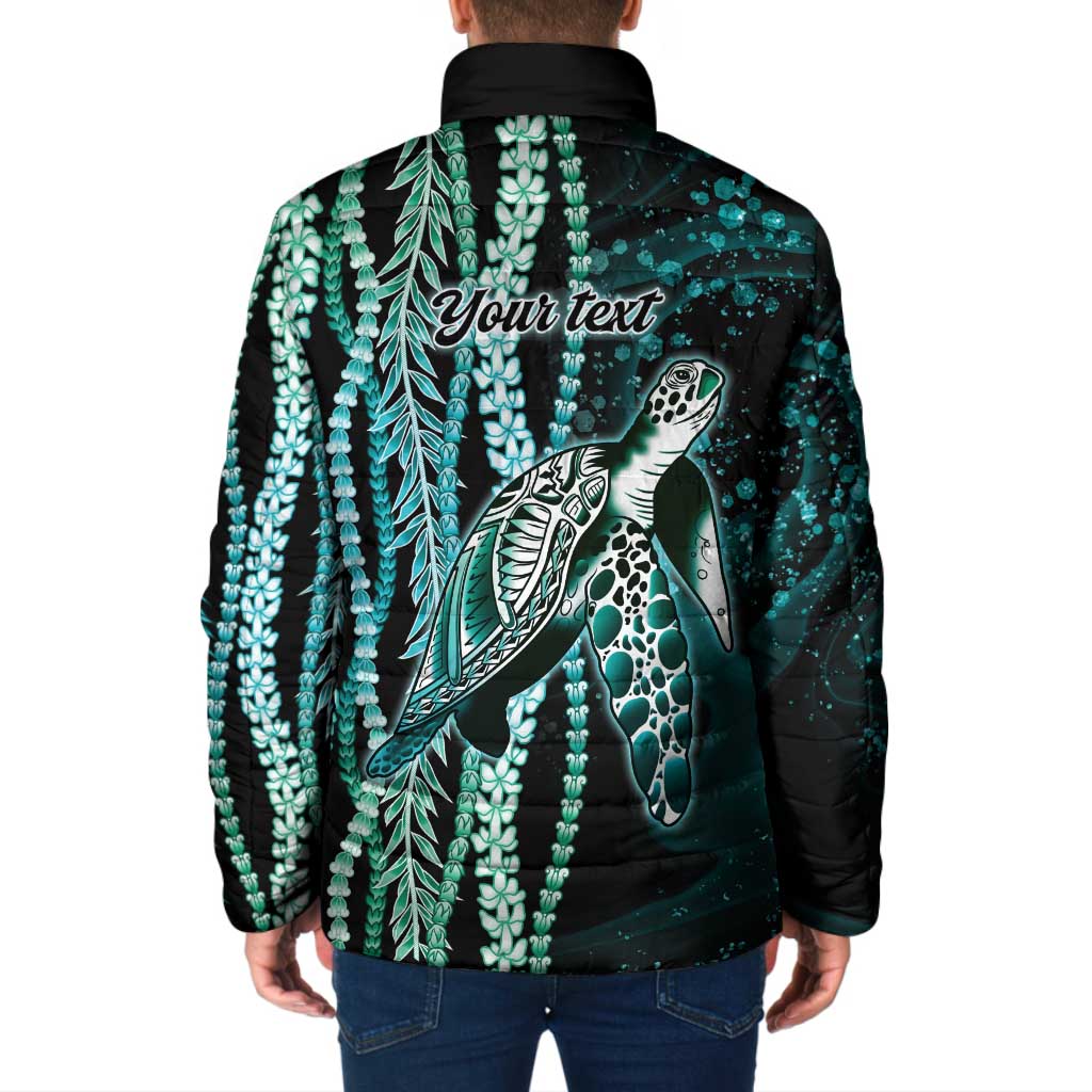 Hawaiian Honu Personalized Padded Jacket Dark Cyan Maile Pikake Flower Lei Inspired