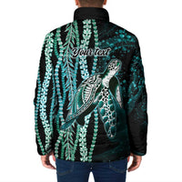 Hawaiian Honu Personalized Padded Jacket Dark Cyan Maile Pikake Flower Lei Inspired