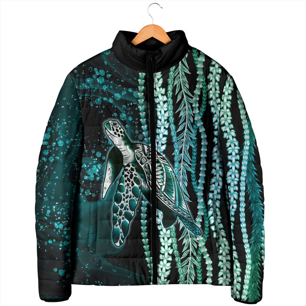 Hawaiian Honu Personalized Padded Jacket Dark Cyan Maile Pikake Flower Lei Inspired