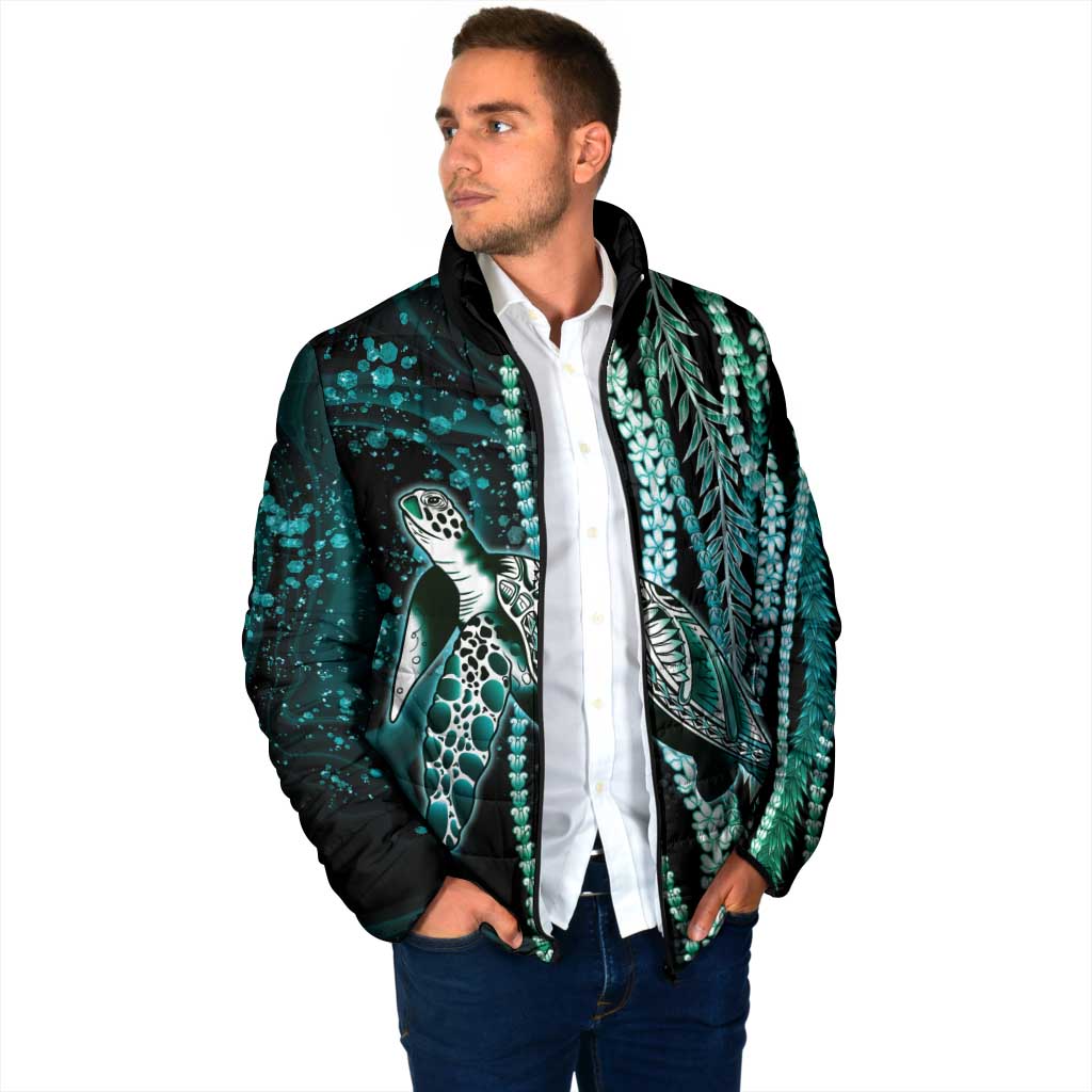 Hawaiian Honu Personalized Padded Jacket Dark Cyan Maile Pikake Flower Lei Inspired