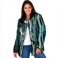 Hawaiian Honu Personalized Padded Jacket Dark Cyan Maile Pikake Flower Lei Inspired