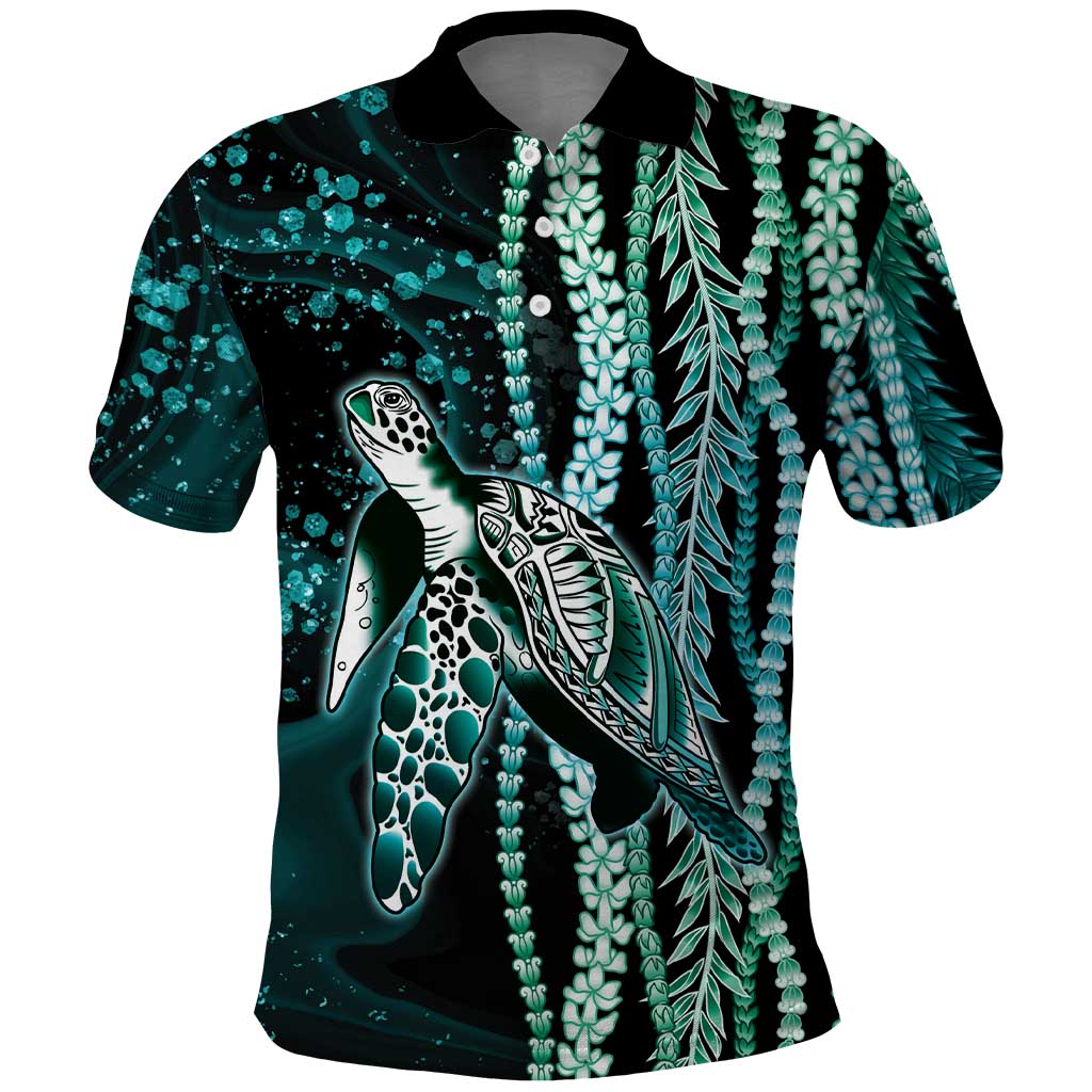 Hawaiian Honu Personalized Polo Shirt Dark Cyan Maile Pikake Flower Lei Inspired