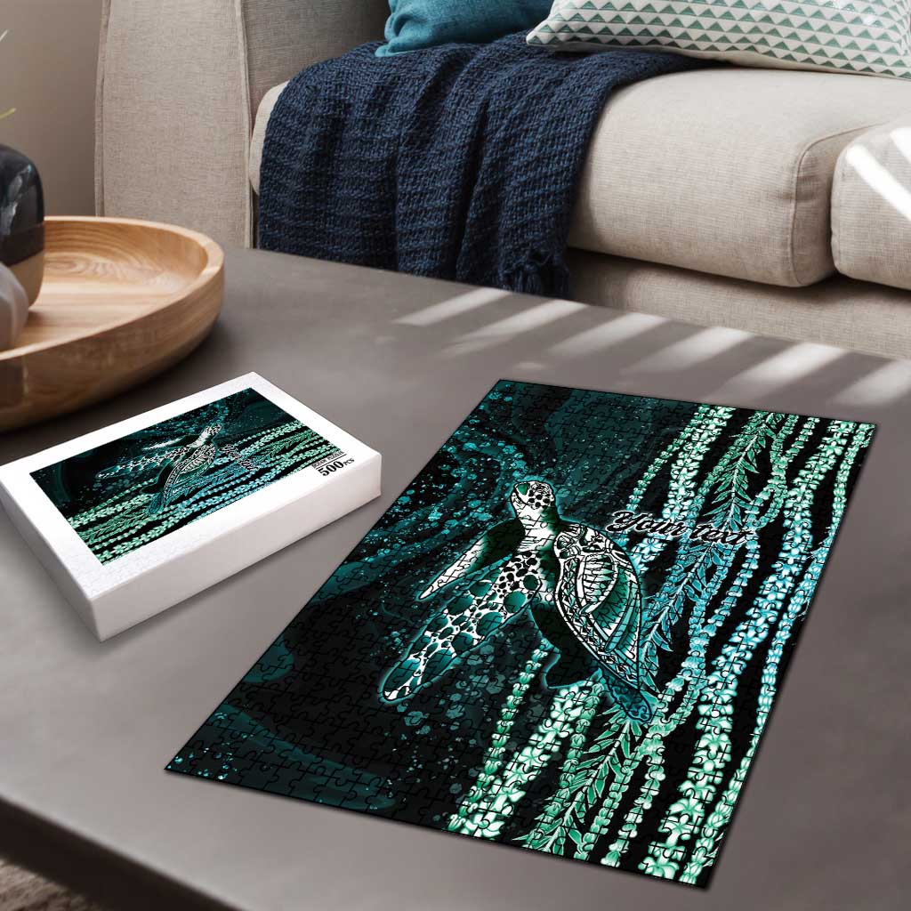 Hawaiian Honu Personalized Puzzle Dark Cyan Maile Pikake Flower Lei Inspired