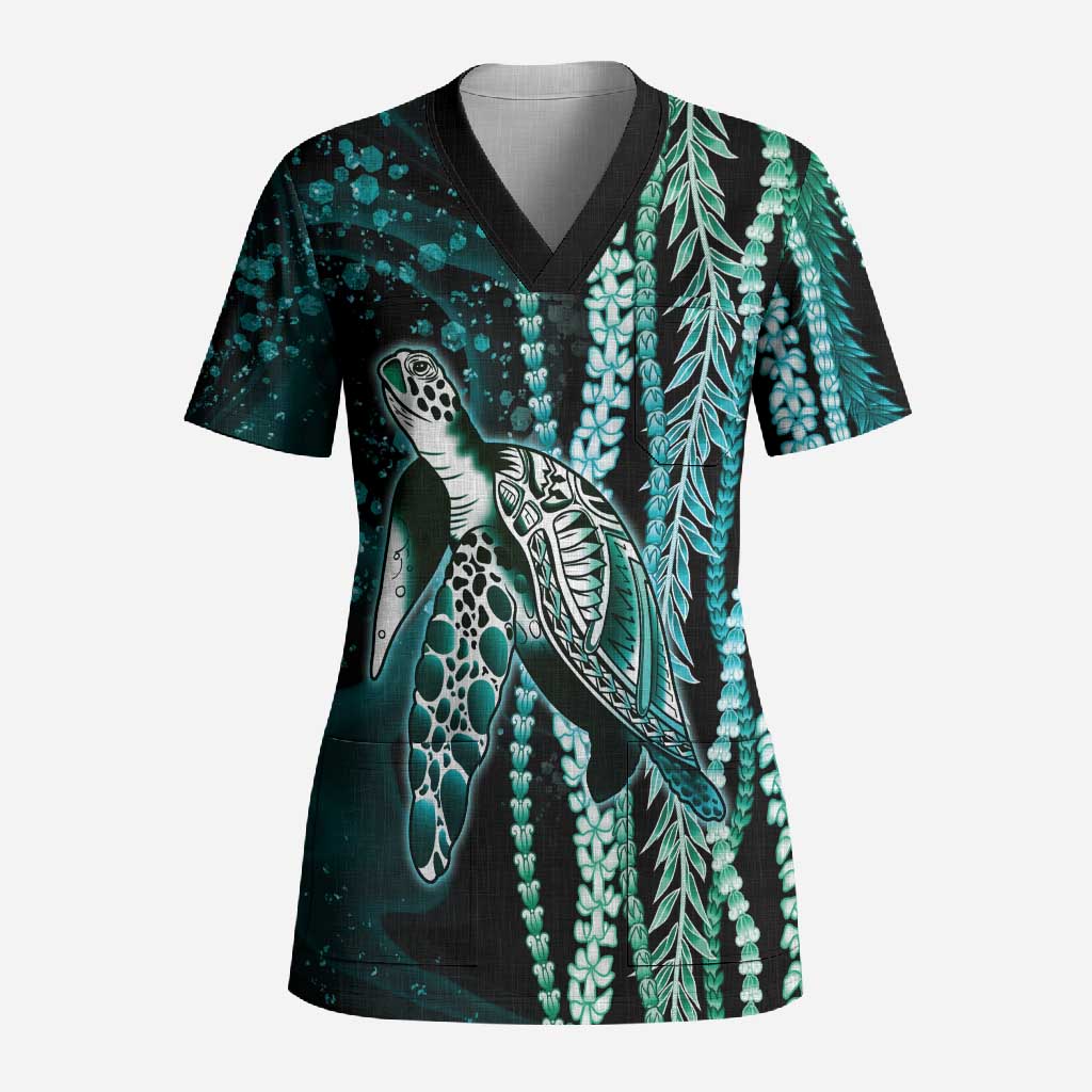 Hawaiian Honu Personalized Scrub Top Dark Cyan Maile Pikake Flower Lei Inspired