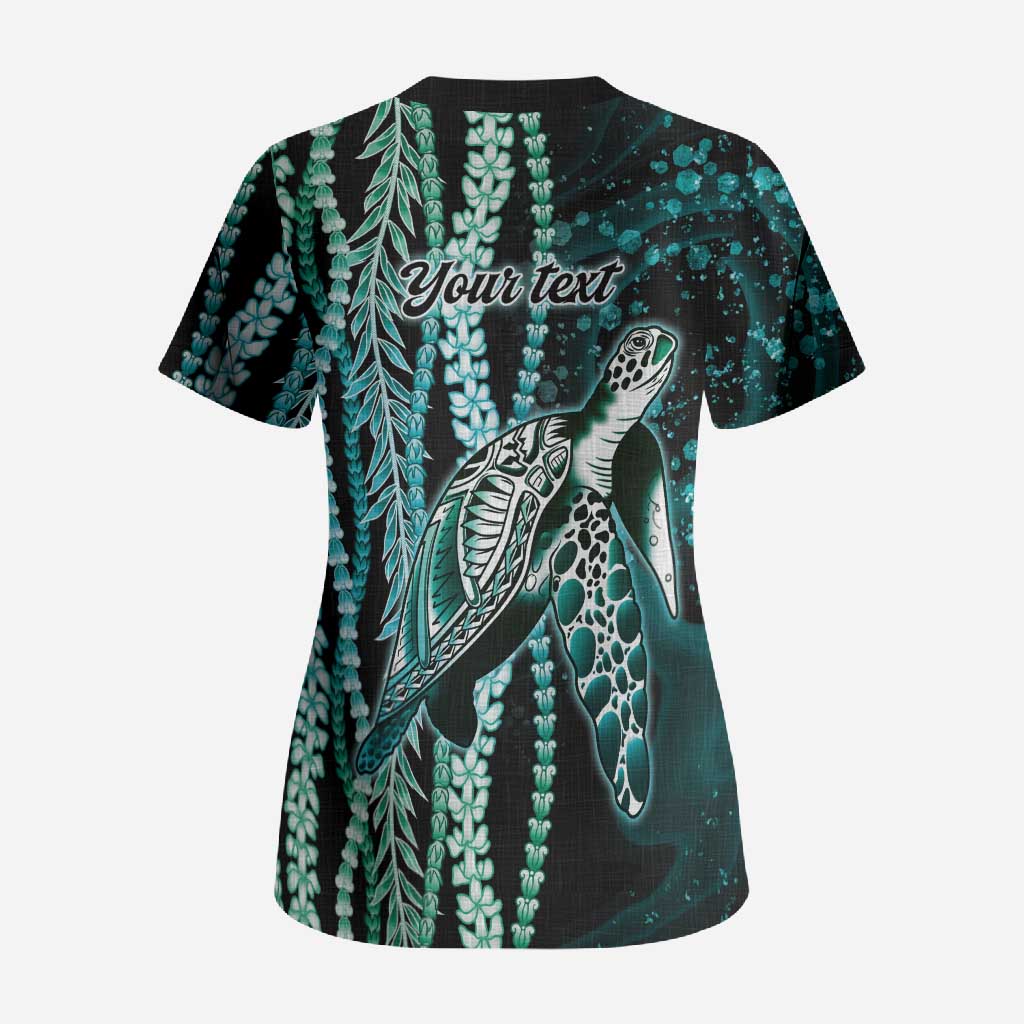 Hawaiian Honu Personalized Scrub Top Dark Cyan Maile Pikake Flower Lei Inspired