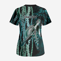 Hawaiian Honu Personalized Scrub Top Dark Cyan Maile Pikake Flower Lei Inspired