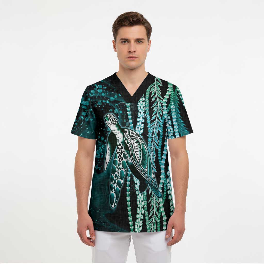 Hawaiian Honu Personalized Scrub Top Dark Cyan Maile Pikake Flower Lei Inspired