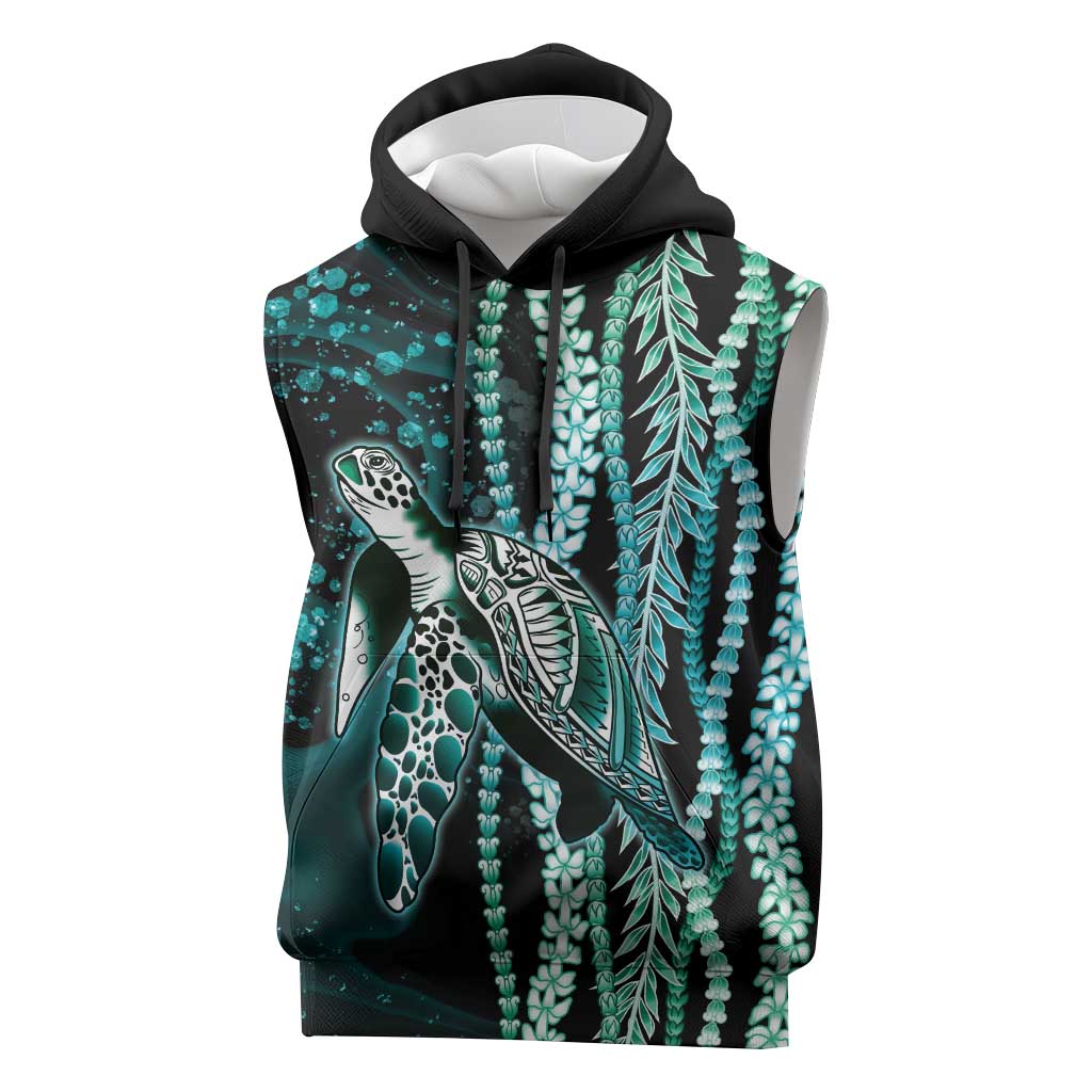 Hawaiian Honu Personalized Sleeveless Hoodie Dark Cyan Maile Pikake Flower Lei Inspired