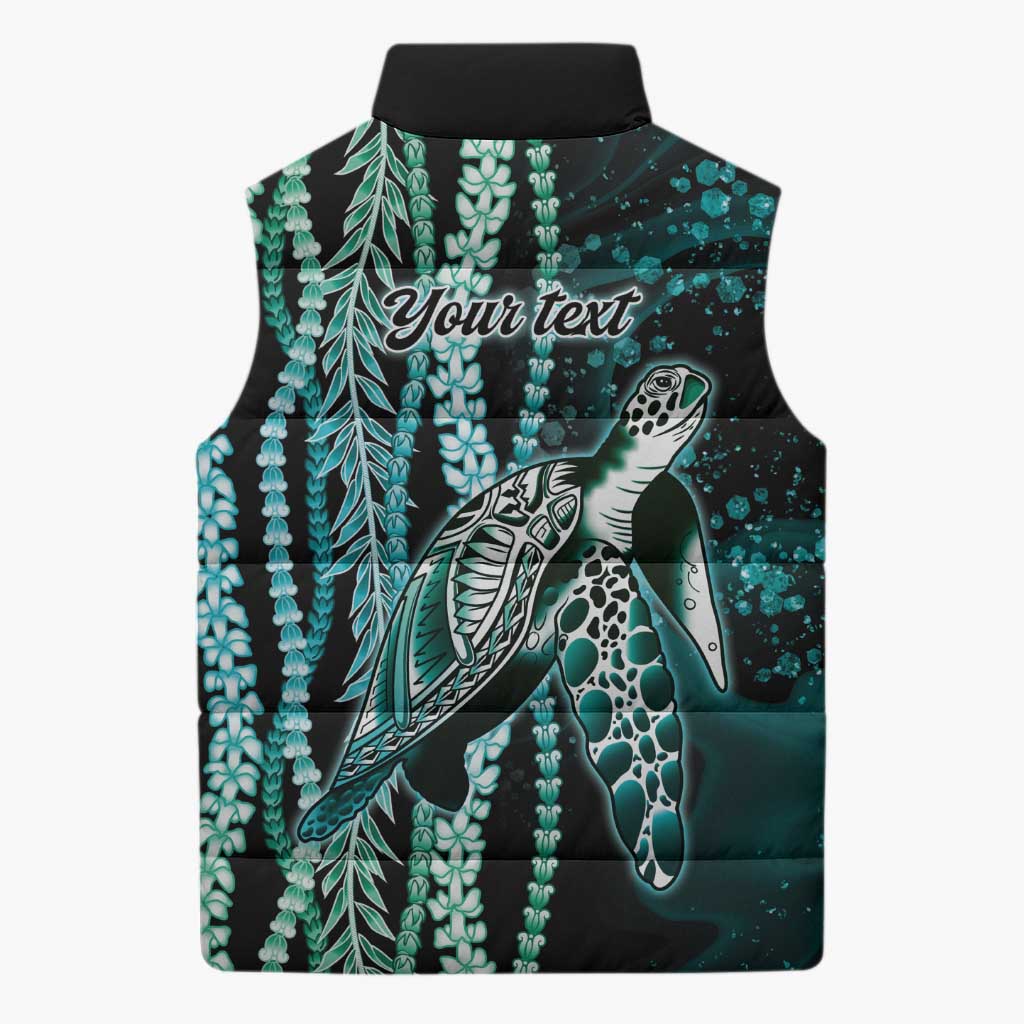 Hawaiian Honu Personalized Sleeveless Puffer Jacket Dark Cyan Maile Pikake Flower Lei Inspired