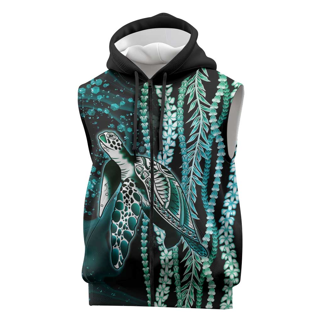 Hawaiian Honu Personalized Sleeveless Zip Hoodie Dark Cyan Maile Pikake Flower Lei Inspired LT9 Cyan - Polynesian Pride