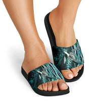Hawaiian Honu Personalized Slide Sandals Dark Cyan Maile Pikake Flower Lei Inspired