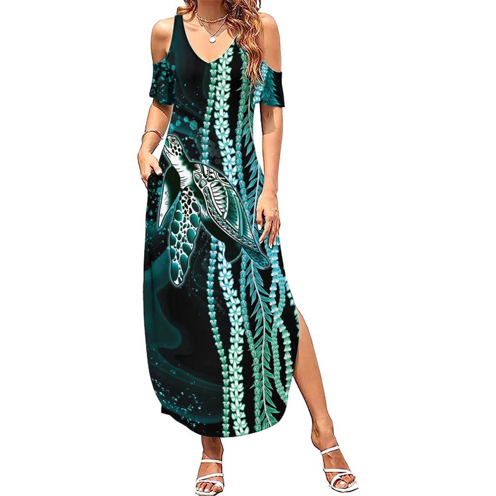 Hawaiian Honu Personalized Summer Maxi Dress Dark Cyan Maile Pikake Flower Lei Inspired LT9 Women Cyan - Polynesian Pride