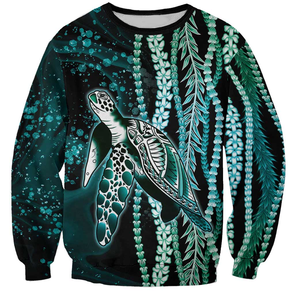 Hawaiian Honu Personalized Sweatshirt Dark Cyan Maile Pikake Flower Lei Inspired