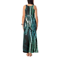 Hawaiian Honu Personalized Tank Maxi Dress Dark Cyan Maile Pikake Flower Lei Inspired