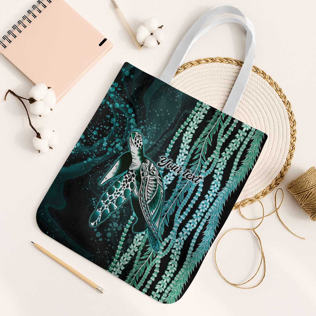 Hawaiian Honu Personalized Tote Bag Dark Cyan Maile Pikake Flower Lei Inspired LT9 White Strap One Size Cyan - Polynesian Pride