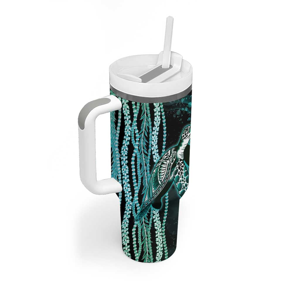 Hawaiian Honu Personalized Tumbler With Handle Dark Cyan Maile Pikake Flower Lei Inspired